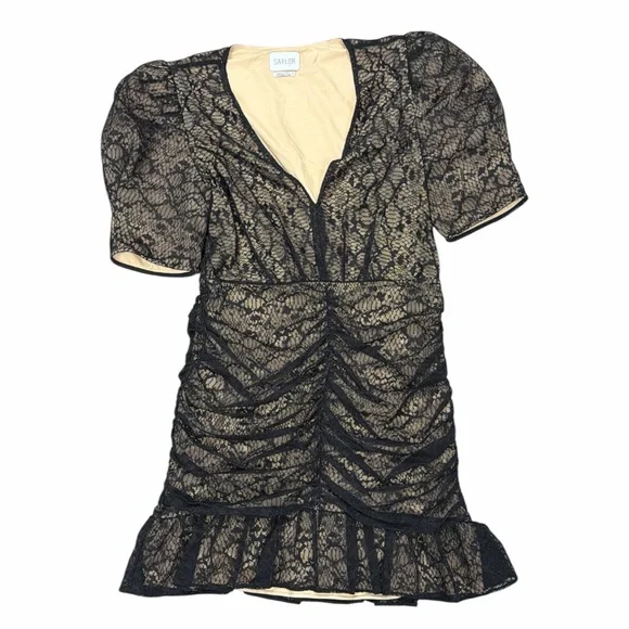 SAYLOR Reena Black Lace Ruched Mini Dress with Short Sleeve Puff Sleeves - Picture 3 of 6